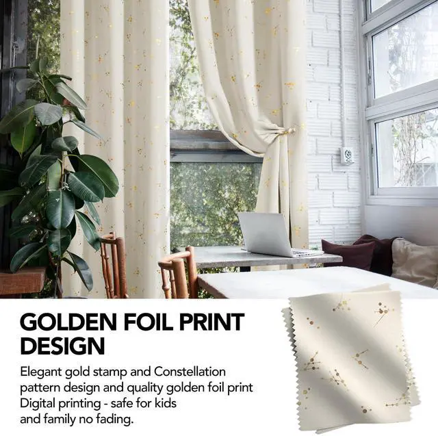 Alt view image 7 of 7 - Blackout Curtains 2 Panels for Bedroom and Living Room, Gold Foil Floral Branch and Dots, Thermal Insulated Room Darkening Grommet Window Drapes for Nursery, Light Beige, 42W x 84L Inch