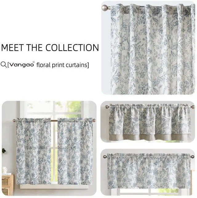 Alt view image 7 of 7 - Blue Floral Linen Curtains for Living Room 84 Inches Long Farmhouse Curtains for Bedroom Vintage Print on Beige Light Filtering Window Drapes Back Tab Rod Pocket 2 Panels