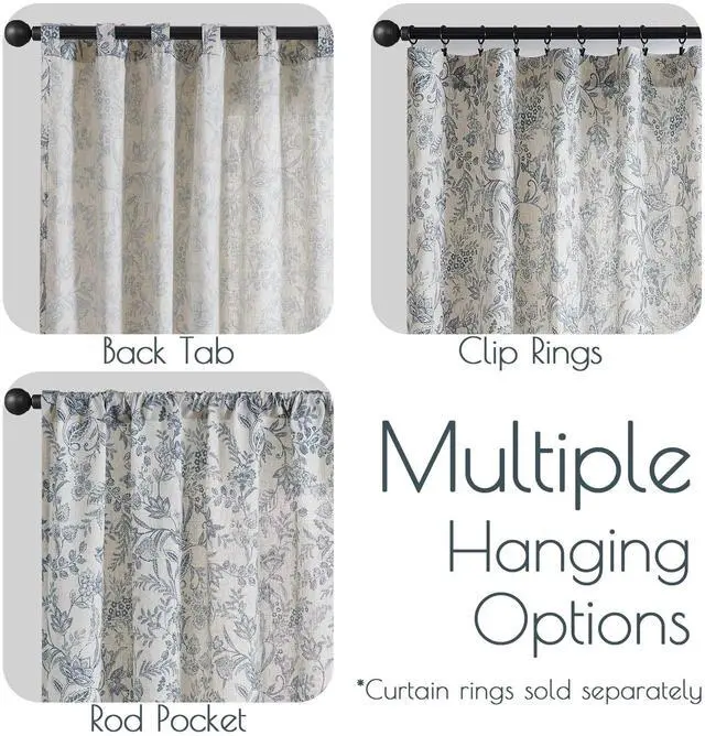 Alt view image 6 of 7 - Blue Floral Linen Curtains for Living Room 84 Inches Long Farmhouse Curtains for Bedroom Vintage Print on Beige Light Filtering Window Drapes Back Tab Rod Pocket 2 Panels