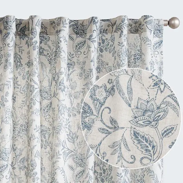 Main image of Blue Floral Linen Curtains for Living Room 84 Inches Long Farmhouse Curtains for Bedroom Vintage Print on Beige Light Filtering Window Drapes Back Tab Rod Pocket 2 Panels