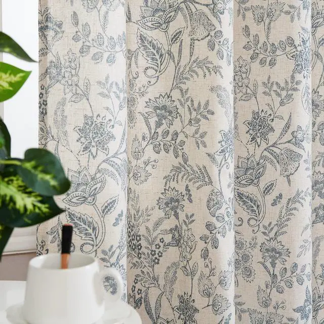 Alt view image 4 of 7 - Blue Floral Linen Curtains for Living Room 84 Inches Long Farmhouse Curtains for Bedroom Vintage Print on Beige Light Filtering Window Drapes Back Tab Rod Pocket 2 Panels
