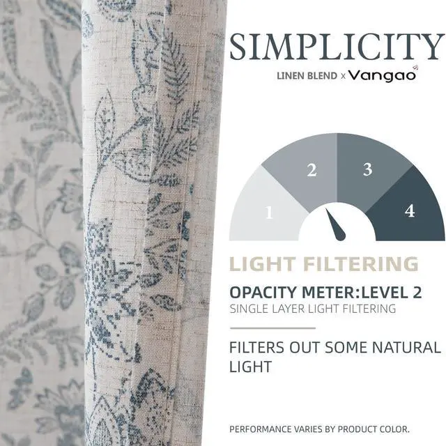 Alt view image 5 of 7 - Blue Floral Linen Curtains for Living Room 84 Inches Long Farmhouse Curtains for Bedroom Vintage Print on Beige Light Filtering Window Drapes Back Tab Rod Pocket 2 Panels