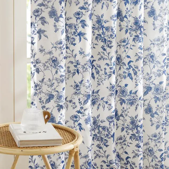 Main image of Blue Floral Curtains for Bedroom & Living Room, Linen Blend Drapes with Vintage Peony, Privacy & Light Filtering Inspired by British Museum's Blue & White Porcelain, W52 x L84 in, 2 Panels