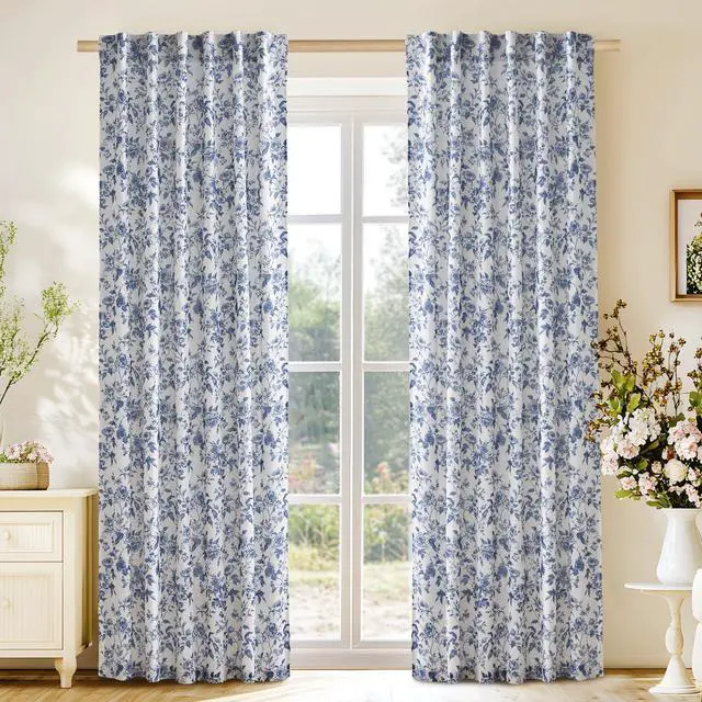 Alt view image 2 of 7 - Blue Floral Curtains for Bedroom & Living Room, Linen Blend Drapes with Vintage Peony, Privacy & Light Filtering Inspired by British Museum's Blue & White Porcelain, W52 x L84 in, 2 Panels