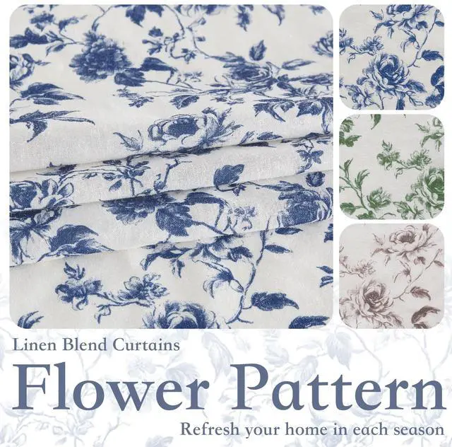 Alt view image 6 of 7 - Blue Floral Curtains for Bedroom & Living Room, Linen Blend Drapes with Vintage Peony, Privacy & Light Filtering Inspired by British Museum's Blue & White Porcelain, W52 x L84 in, 2 Panels