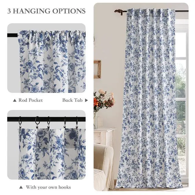 Alt view image 3 of 7 - Blue Floral Curtains for Bedroom & Living Room, Linen Blend Drapes with Vintage Peony, Privacy & Light Filtering Inspired by British Museum's Blue & White Porcelain, W52 x L84 in, 2 Panels