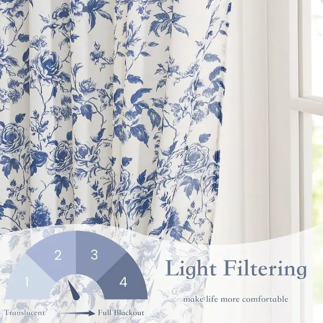 Alt view image 5 of 7 - Blue Floral Curtains for Bedroom & Living Room, Linen Blend Drapes with Vintage Peony, Privacy & Light Filtering Inspired by British Museum's Blue & White Porcelain, W52 x L84 in, 2 Panels