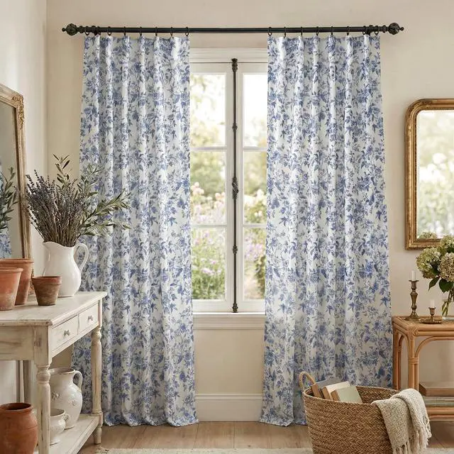 Alt view image 7 of 7 - Blue Floral Curtains for Bedroom & Living Room, Linen Blend Drapes with Vintage Peony, Privacy & Light Filtering Inspired by British Museum's Blue & White Porcelain, W52 x L84 in, 2 Panels
