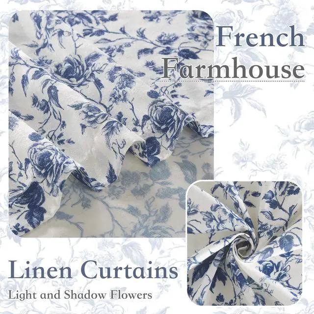 Alt view image 4 of 7 - Blue Floral Curtains for Bedroom & Living Room, Linen Blend Drapes with Vintage Peony, Privacy & Light Filtering Inspired by British Museum's Blue & White Porcelain, W52 x L84 in, 2 Panels