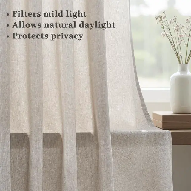Alt view image 7 of 7 - Pinch Pleated Linen Curtains 96 Inches Long 2 Panel Set (40" W x 96" L) for Living Room & Bedroom Window Natural Birch Light Filtering with Hooks,Rings & Back Tab,Neutral Boho Farmhouse Style