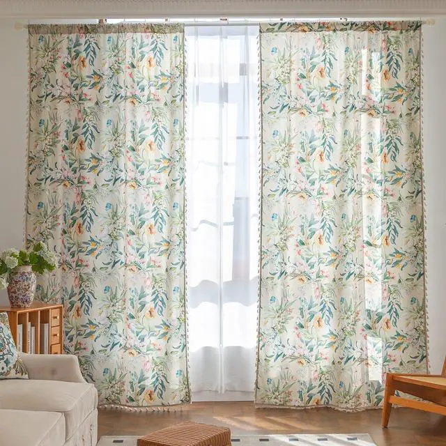 Alt view image 2 of 7 - Boho Floral Curtains French Country Farmhouse Curtains 102 Inches Long Light Filtering Window Rod Pocket Drapes for Living Room 2 Panels-Green Flor
