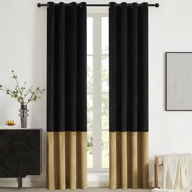 Main image of Black Gold Color Block Window Curtains Panels 84 inches Long Velvet Farmhouse Drapes for Bedroom Living Room Darkening Treatment with Grommet Set of Black Gold