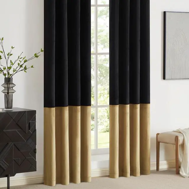 Alt view image 4 of 7 - Black Gold Color Block Window Curtains Panels 84 inches Long Velvet Farmhouse Drapes for Bedroom Living Room Darkening Treatment with Grommet Set of Black Gold