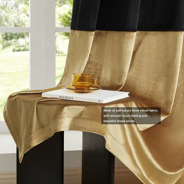 Alt view image 5 of 7 - Black Gold Color Block Window Curtains Panels 84 inches Long Velvet Farmhouse Drapes for Bedroom Living Room Darkening Treatment with Grommet Set of Black Gold