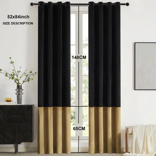 Alt view image 6 of 7 - Black Gold Color Block Window Curtains Panels 84 inches Long Velvet Farmhouse Drapes for Bedroom Living Room Darkening Treatment with Grommet Set of Black Gold