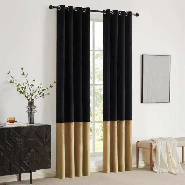 Alt view image 7 of 7 - Black Gold Color Block Window Curtains Panels 84 inches Long Velvet Farmhouse Drapes for Bedroom Living Room Darkening Treatment with Grommet Set of Black Gold
