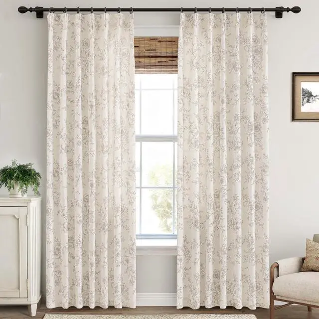 Main image of Pinch Pleated Floral Linen Curtains 84 inch Long Coffee and Cream Memory Trained Curtain Light Filtering Living Room Farmhouse Flower Pattern Printed Pinch Pleat Drapes with Hooks 2 Panels 40W x 84"L