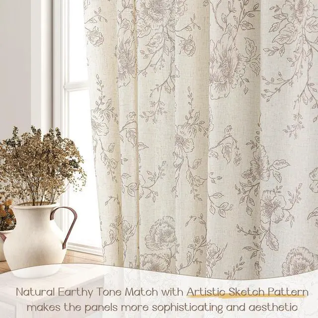Alt view image 4 of 7 - Pinch Pleated Floral Linen Curtains 84 inch Long Coffee and Cream Memory Trained Curtain Light Filtering Living Room Farmhouse Flower Pattern Printed Pinch Pleat Drapes with Hooks 2 Panels 40W x 84"L