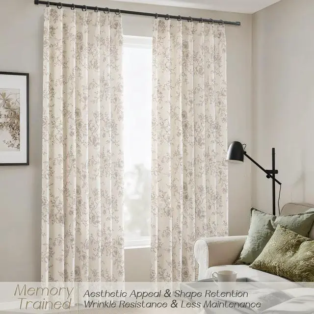 Alt view image 2 of 7 - Pinch Pleated Floral Linen Curtains 84 inch Long Coffee and Cream Memory Trained Curtain Light Filtering Living Room Farmhouse Flower Pattern Printed Pinch Pleat Drapes with Hooks 2 Panels 40W x 84"L