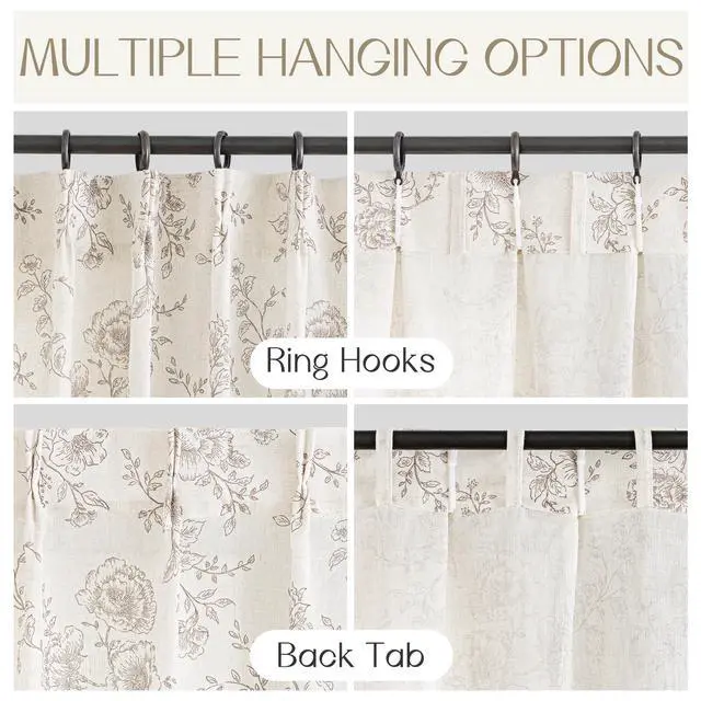 Alt view image 3 of 7 - Pinch Pleated Floral Linen Curtains 84 inch Long Coffee and Cream Memory Trained Curtain Light Filtering Living Room Farmhouse Flower Pattern Printed Pinch Pleat Drapes with Hooks 2 Panels 40W x 84"L