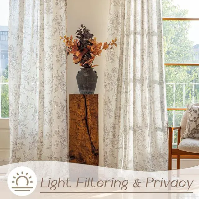 Alt view image 6 of 7 - Pinch Pleated Floral Linen Curtains 84 inch Long Coffee and Cream Memory Trained Curtain Light Filtering Living Room Farmhouse Flower Pattern Printed Pinch Pleat Drapes with Hooks 2 Panels 40W x 84"L