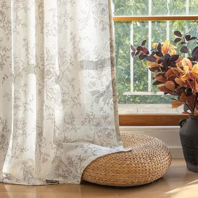 Alt view image 7 of 7 - Pinch Pleated Floral Linen Curtains 84 inch Long Coffee and Cream Memory Trained Curtain Light Filtering Living Room Farmhouse Flower Pattern Printed Pinch Pleat Drapes with Hooks 2 Panels 40W x 84"L