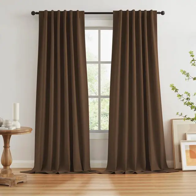 Main image of Brown Linen Textured Blackout Curtains 102 Inches Long for Living Room, 100% Light Blocking Curtain Drapes Chocolate Brown 50 by 102 Inch Length 2 Panels Back Tab Rod Pocket