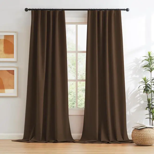 Alt view image 2 of 7 - Brown Linen Textured Blackout Curtains 102 Inches Long for Living Room, 100% Light Blocking Curtain Drapes Chocolate Brown 50 by 102 Inch Length 2 Panels Back Tab Rod Pocket
