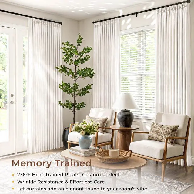 Alt view image 2 of 7 - Memory Trained Pinch Pleated Curtains 84 Inches Long, Linen Curtains for Living Room, 2 Panel Set Pinch Pleated Drapes with Hooks, Light Filtering Window Treatment, 40" W x 84" L, Beige White