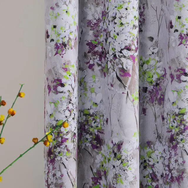 Main image of Purple Curtains 84 Inch Long 2 Panel Thermal Insulated Half-Blackout Flowers and Leaves Printed Curtains with Grommet
