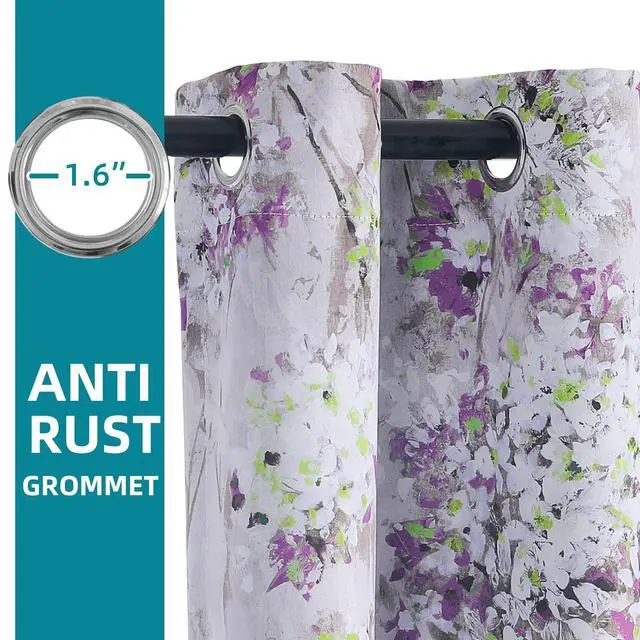 Alt view image 3 of 7 - Purple Curtains 84 Inch Long 2 Panel Thermal Insulated Half-Blackout Flowers and Leaves Printed Curtains with Grommet
