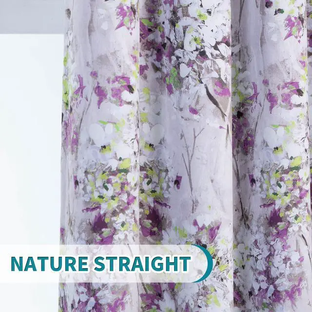 Alt view image 4 of 7 - Purple Curtains 84 Inch Long 2 Panel Thermal Insulated Half-Blackout Flowers and Leaves Printed Curtains with Grommet