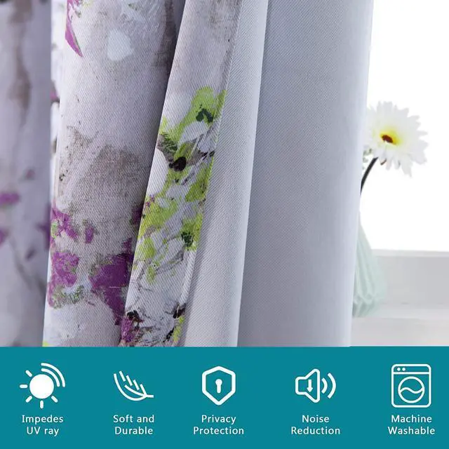 Alt view image 5 of 7 - Purple Curtains 84 Inch Long 2 Panel Thermal Insulated Half-Blackout Flowers and Leaves Printed Curtains with Grommet