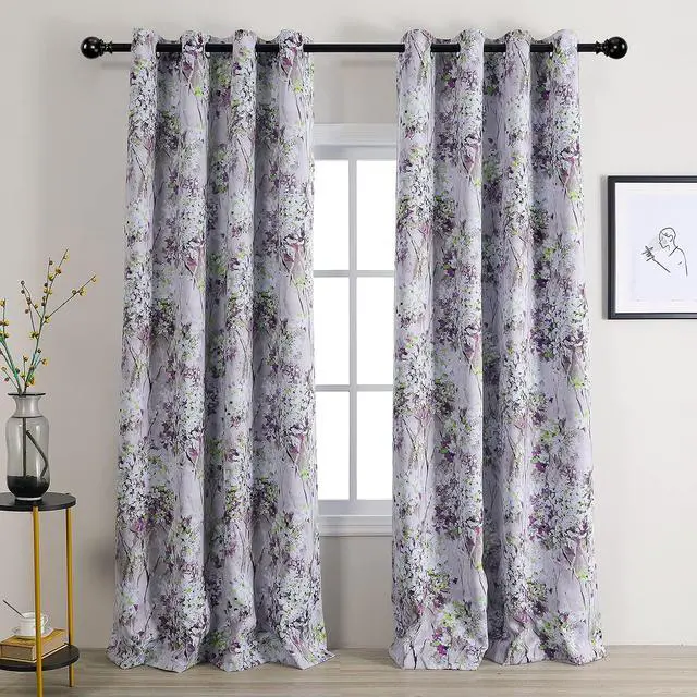 Alt view image 2 of 7 - Purple Curtains 84 Inch Long 2 Panel Thermal Insulated Half-Blackout Flowers and Leaves Printed Curtains with Grommet