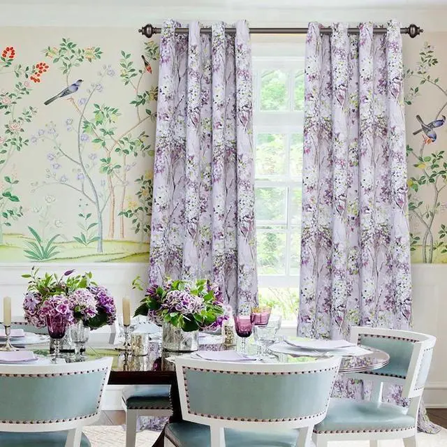 Alt view image 6 of 7 - Purple Curtains 84 Inch Long 2 Panel Thermal Insulated Half-Blackout Flowers and Leaves Printed Curtains with Grommet