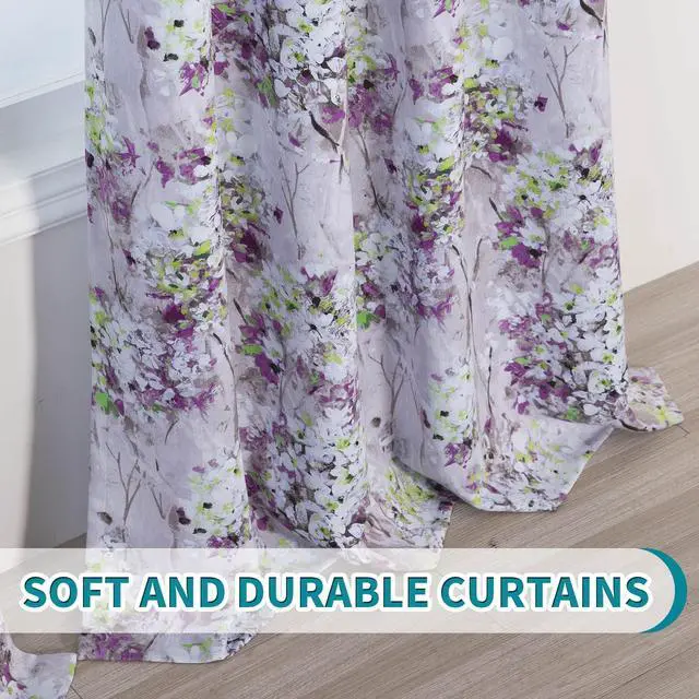Alt view image 7 of 7 - Purple Curtains 84 Inch Long 2 Panel Thermal Insulated Half-Blackout Flowers and Leaves Printed Curtains with Grommet