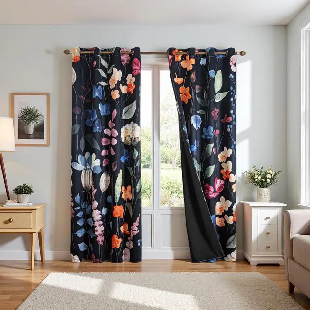 Alt view image 3 of 7 - Floral Blackout Curtains 84 inch length 2 Panels Set Rustic Vintage Flowers Botanical Leaf Print Patterned Black Out Curtains Thermal Insulated Darkening Window Drapes for Bedroom Living Room 52x84 in