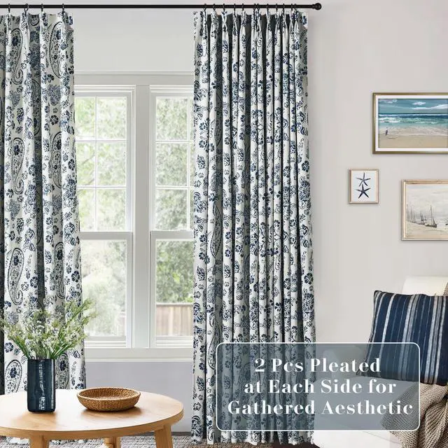 Alt view image 2 of 7 - 90 Inch Long Modern Pinch Pleat Blackout Window Curtains for Living Room 2 Panel Set Dark Blue Floral Printed Patterned Grandmillennial Preppy Curtains for Bedroom