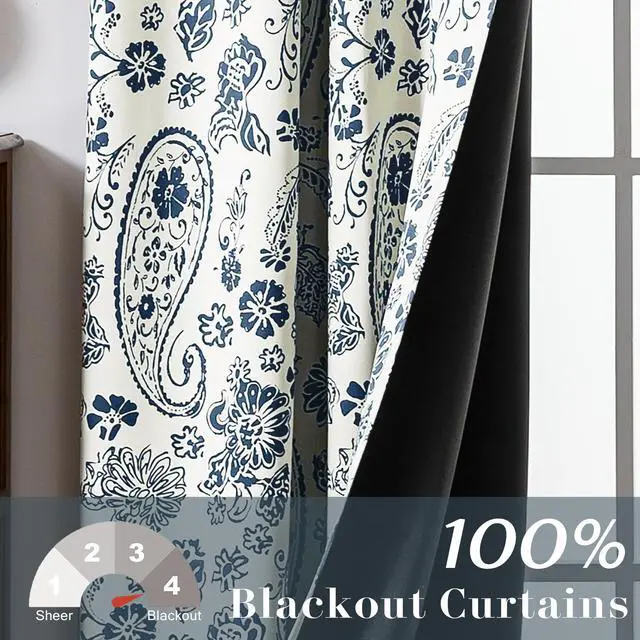 Alt view image 6 of 7 - 90 Inch Long Modern Pinch Pleat Blackout Window Curtains for Living Room 2 Panel Set Dark Blue Floral Printed Patterned Grandmillennial Preppy Curtains for Bedroom