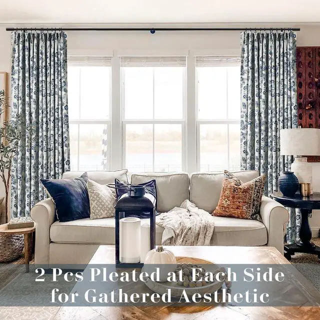 Alt view image 5 of 7 - 90 Inch Long Modern Pinch Pleat Blackout Window Curtains for Living Room 2 Panel Set Dark Blue Floral Printed Patterned Grandmillennial Preppy Curtains for Bedroom