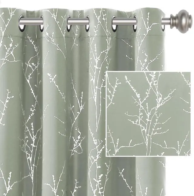 Main image of Blackout Curtains for Bedroom Foil Print Twig Tree Branch Thermal Insulated Grommet Curtain Drapes Light Blocking Thick Soft Window Curtains for Living 52 x 84 Inch, 2 Panels, Sage