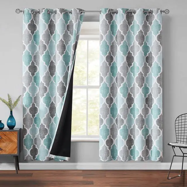 Main image of 100% Blackout Curtains 72 Inches Long 2 Panels for Bedroom Living Room Aqua Grey Moroccan Geo Room Darkening Thermal Insulated Soundproof Grommet Top Window Treatments Drapes, 50x72 Set of 2