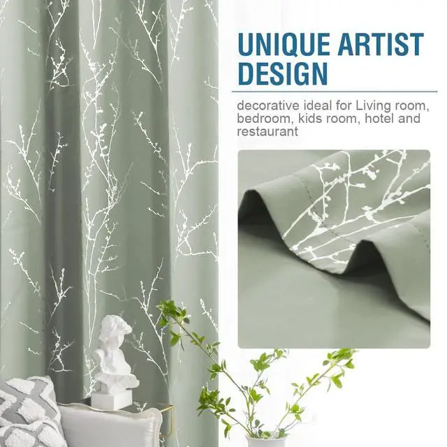 Alt view image 5 of 7 - Blackout Curtains for Bedroom Foil Print Twig Tree Branch Thermal Insulated Grommet Curtain Drapes Light Blocking Thick Soft Window Curtains for Living 52 x 84 Inch, 2 Panels, Sage
