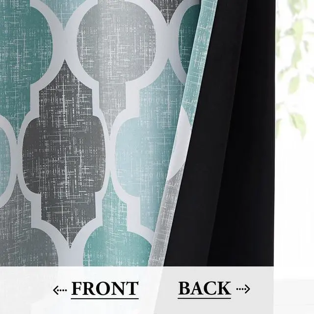 Alt view image 4 of 7 - 100% Blackout Curtains 72 Inches Long 2 Panels for Bedroom Living Room Aqua Grey Moroccan Geo Room Darkening Thermal Insulated Soundproof Grommet Top Window Treatments Drapes, 50x72 Set of 2