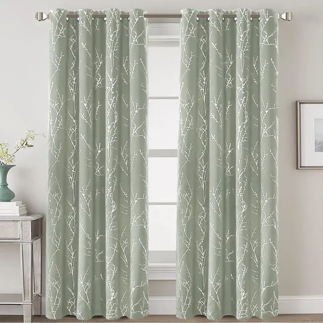 Alt view image 2 of 7 - Blackout Curtains for Bedroom Foil Print Twig Tree Branch Thermal Insulated Grommet Curtain Drapes Light Blocking Thick Soft Window Curtains for Living 52 x 84 Inch, 2 Panels, Sage
