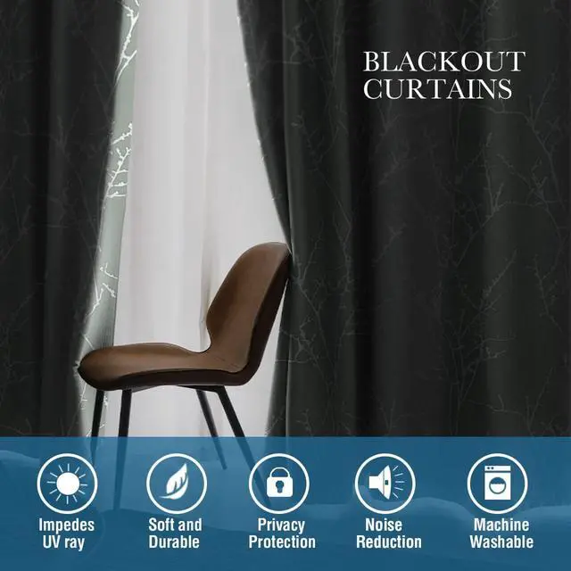 Alt view image 6 of 7 - Blackout Curtains for Bedroom Foil Print Twig Tree Branch Thermal Insulated Grommet Curtain Drapes Light Blocking Thick Soft Window Curtains for Living 52 x 84 Inch, 2 Panels, Sage