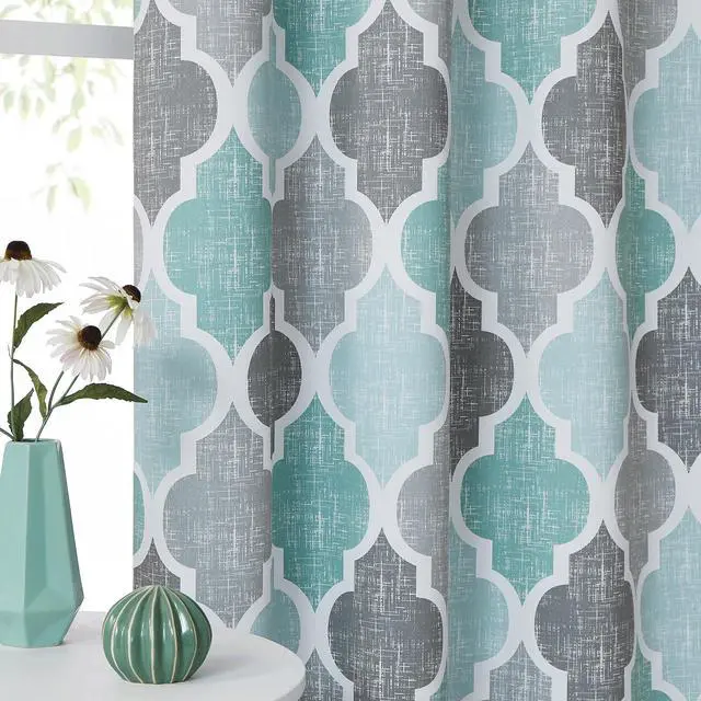 Alt view image 6 of 7 - 100% Blackout Curtains 72 Inches Long 2 Panels for Bedroom Living Room Aqua Grey Moroccan Geo Room Darkening Thermal Insulated Soundproof Grommet Top Window Treatments Drapes, 50x72 Set of 2
