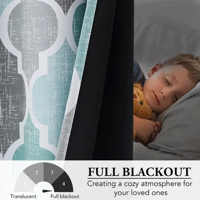 Alt view image 3 of 7 - 100% Blackout Curtains 72 Inches Long 2 Panels for Bedroom Living Room Aqua Grey Moroccan Geo Room Darkening Thermal Insulated Soundproof Grommet Top Window Treatments Drapes, 50x72 Set of 2