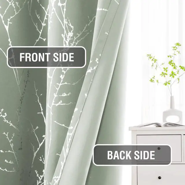 Alt view image 7 of 7 - Blackout Curtains for Bedroom Foil Print Twig Tree Branch Thermal Insulated Grommet Curtain Drapes Light Blocking Thick Soft Window Curtains for Living 52 x 84 Inch, 2 Panels, Sage