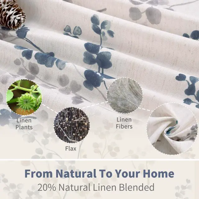 Alt view image 3 of 7 - Linen Curtains for Living Room 84 Inch Length 2 Panels, Floral Leaf Patterns, Light Filtering Window Privacy Boho Curtains for Vintage Farmhouse Dining Room, Each 60 Inch Wide, Navy